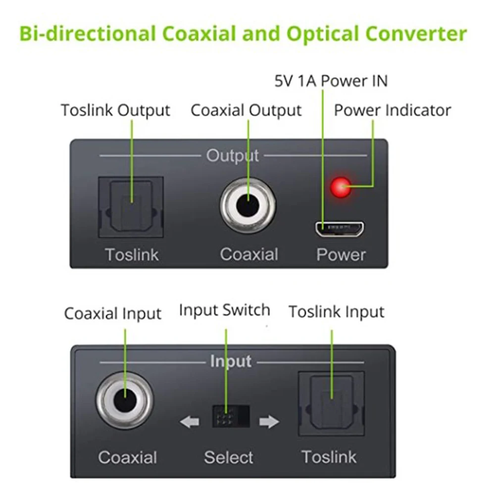 Двупосочен паралел за коаксиален конвертор, оптичен SPDIF Toslink в коаксиален Toslink и коаксиально-оптичен SPDIF Toslink конвертор