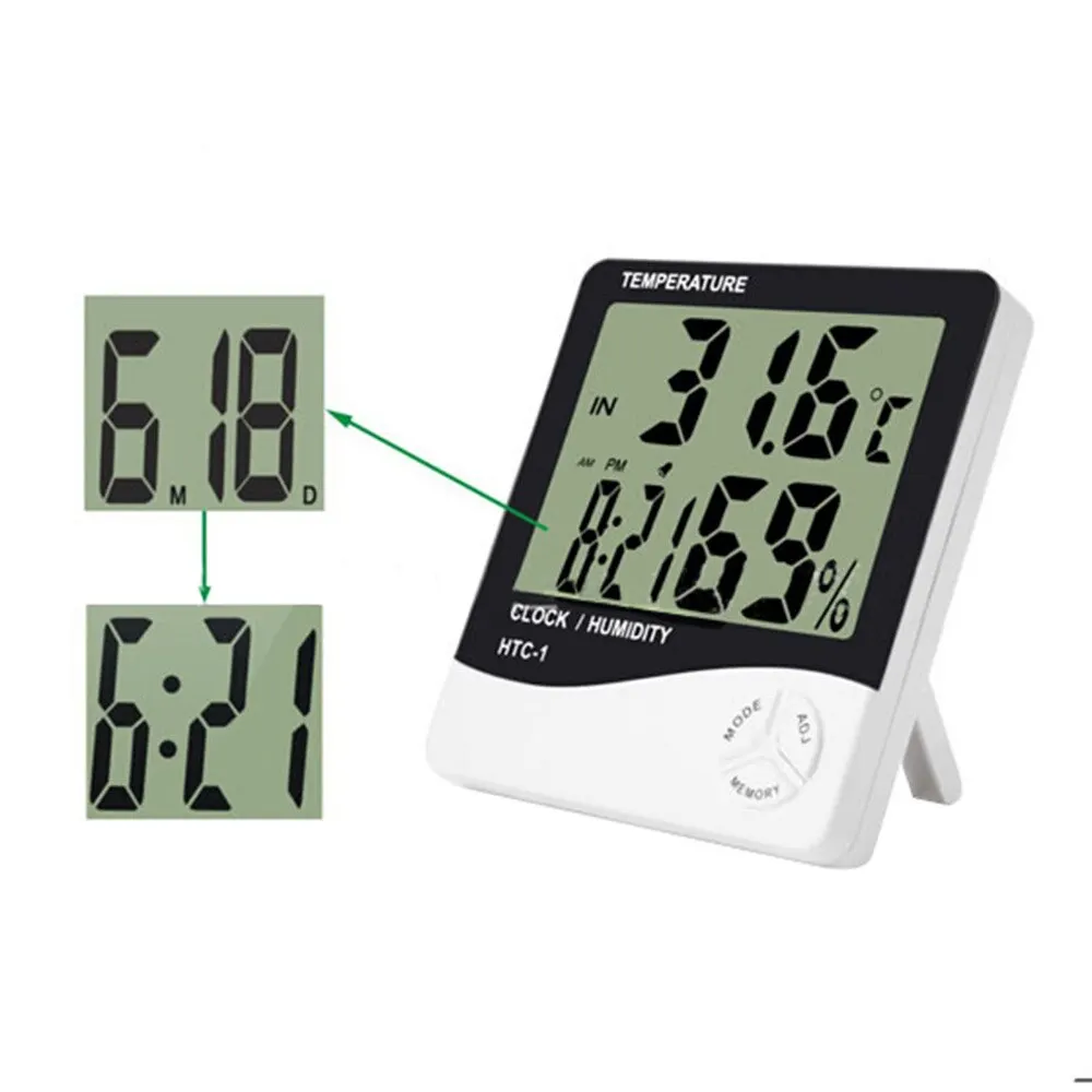 HTC-1 LCD-електронен цифров измерител на температура и влажност на въздуха, Термометър-влагомер, метеорологичната станция за помещения и на улицата, часовници