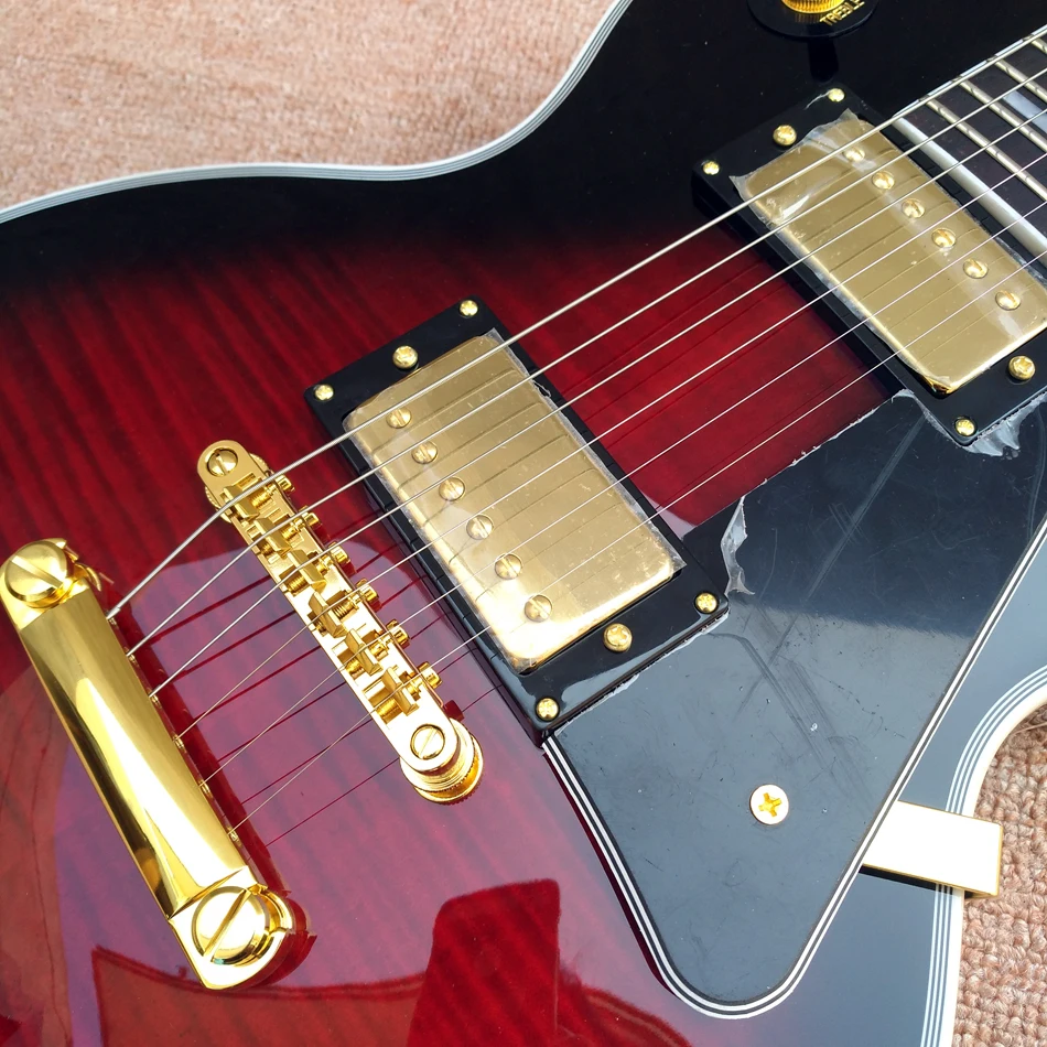 Електрическа китара на поръчка, хастар от палисандрово дърво, 2 пикап, червена козина на бика, златна профили, безплатна доставка