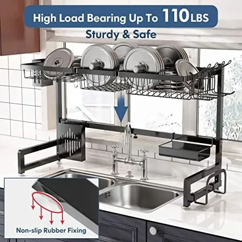 Сушилня за съдове в мивката, Двухъярусное ястие от неръждаема стомана регулируема дължина (33,5-36,2 инча) Над мивката, Расширяемое голямо сливное устройство за съдове за 