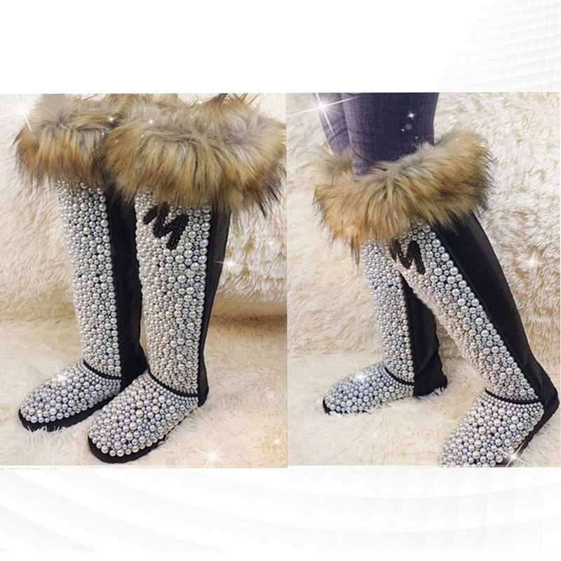 Зимни луксозни фокс косата, индивидуалност, перлени модерен зимни обувки на меху, дебела топла нескользящая памучен обувки, популярна сред кашмир жени