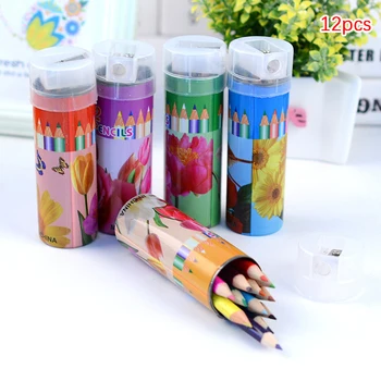 12 парчета от 12 цвята Комплект цветни моливи с дръжка за рисуване във вид на бъчва за детска градина