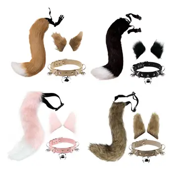 3x Котешки уши и опашка, ушите на животните и дълга опашка, аксесоари за костюми за Хелоуин