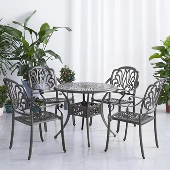 5 бр. Градинска мебел, маса за хранене, всепогодная патио мебели от алуминий, включва 1 кръгла маса и 4 стола
