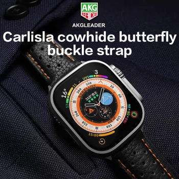 Akgleader carlisla Кожена каишка за часовник от телешка кожа с катарама-пеперуда за Apple Watch 8Ultra 49 мм, гривна iwatch 8 7 45 мм