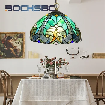 BOCHSBC Полилей от витражного стъкло в стил Тифани, ретро стил арт-деко, кафенета, проход, Ресторант, кабинет, Спалня, окачена лампа