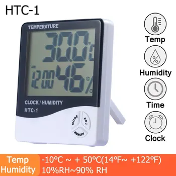 HTC-1 LCD-електронен цифров измерител на температура и влажност на въздуха, Термометър-влагомер, метеорологичната станция за помещения и на улицата, часовници