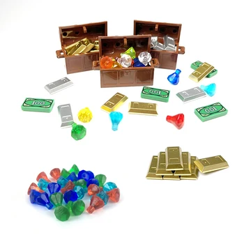 MOC Строителни блокове са Съвместими С LEGO Златни Сребърни тухли, Монети, Скъпоценни камъни и Диаманти Пират съкровище Комплекти детайли Играчки