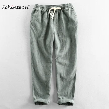 Schinteon Мъжки Памук, Ленени панталони с дължина до глезена на крака, обикновен Прости Ежедневни Директни Удобен панталон с еластична талия, Лято 2023 г.