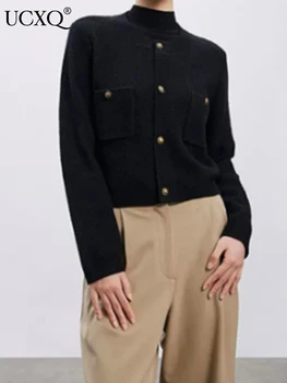 UCXQ ретро дизайнерски пуловер в стил мозайка с кръгло деколте и джобове, плетена вълнена жилетка за жени, ежедневни възли палто с дълъг ръкав, новост есента 2023, 23A4106