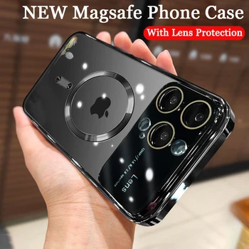 XGUO Луксозно Покритие Magsafe Магнитен Калъф за Телефон iPhone 14 13 12 11 Pro Max Plus Безжична Зареждане Прозрачен Силиконов Калъф