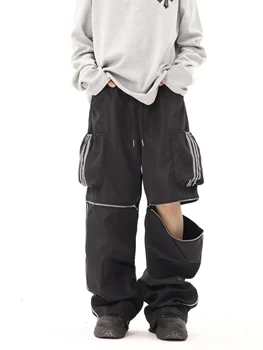 Y2K ретро американски ретро гащеризон с цип в стил хип-хоп, широки панталони ивица с широки штанинами за мъже
