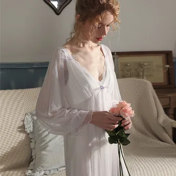 Годишна жена ультратонкая нощница от тензух С V-образно деколте и накладка на гърдите, най-Дългата нощна риза, завързана с дълъг ръкав, Секси модни дамски пижами