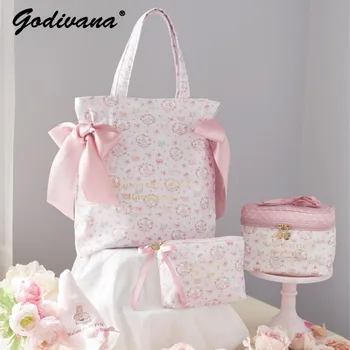 Дамска чанта Сатен в Японски стил с хубави Цветя Модел и лък от панделки, Розови чанти-тоут, чанти за пазаруване