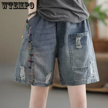 Дамски летни дънкови къси панталони с висока талия на съвсем малък WTEMPO, корейската версия къси панталони, широки панталони с бродерия голям размер