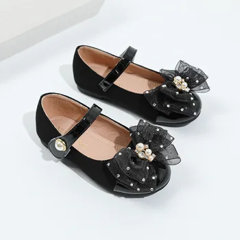 Дамски обувки Mary Janes с перли, черна Нескользящая Кожени Обувки, Детски Обувки Принцеса на Партита, Модни универсален Детски обувки на плоска подметка с лък