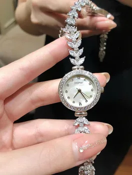 Дамски часовник от естествена водоустойчива кожа инкрустация с диаманти, кварцов часовник с малък циферблат, луксозен подарък за рожден ден на приятелка
