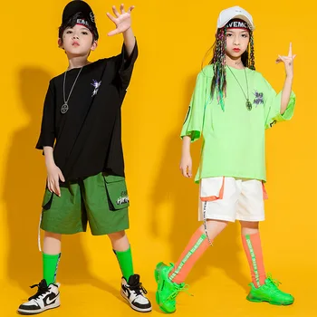 Детски дрехи за балните танци в стил хип-хоп, Зелена тениска, топ или лента, Летни Панталони за момичета, Танцови, необичайни костюми