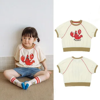 Детски дрехи, летен топ с къс ръкав, детски случайни пуловер с флорални принтом топ с къс ръкав от чист памук за момичета, 2023