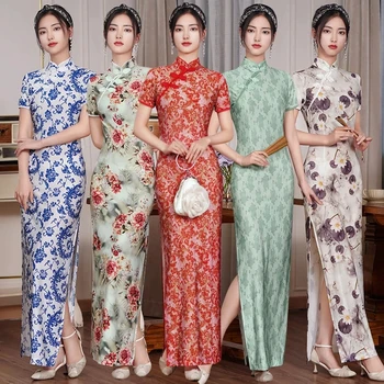 Женствена рокля Yourqipao в китайски стил, Ретро Чонсам, Женски Коварен Ципао с къс ръкав, дълга рокля от S до 5XL