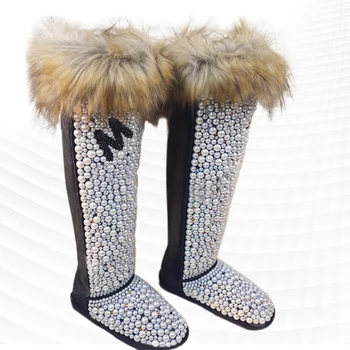 Зимни луксозни фокс косата, индивидуалност, перлени модерен зимни обувки на меху, дебела топла нескользящая памучен обувки, популярна сред кашмир жени