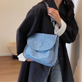 Корейската Модерна чанта на верига 2023, Нов Нишевый дизайн, Дамска чанта, Проста деним чанта през рамо, Однотонная Проста Ежедневна чанта през рамо