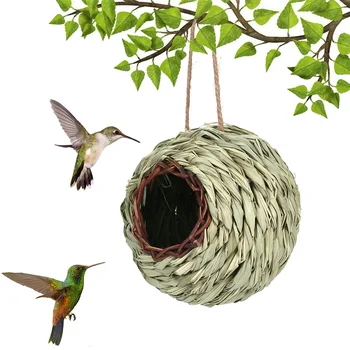 Къщичка-гнездо за ръчна работа, Къщичка-гнездо колибри, Убежище за малките на птици, Хижа-шалаш, слама човек гнездо, натурална билка за интериор на градина