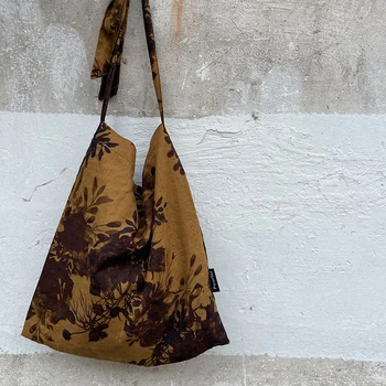 Летни Големи дизайнерски чанти с принтом от памук и коноп, кафява Ежедневни реколта чанта през рамо за жени, Нова чанта-тоут в събота стил