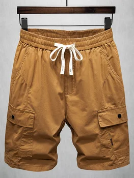 Летни къси Панталони-карго от 100% памук, Мъжки Ежедневни Плажни шорти цвят на Тъмно Каки с еластичен колан на съвсем малък