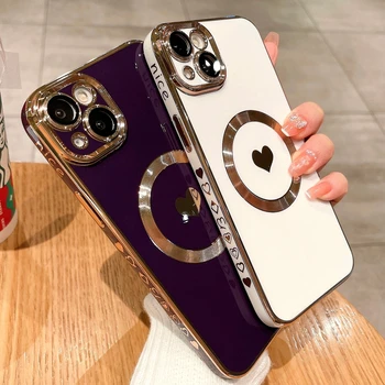 Луксозен Мек Калъф С Покритие Покритие За безжичното зареждане Magsafe Love Heart Case За iPhone 14 13 12 11 Pro Max X XR 7 8 Plus с Магнитен капак