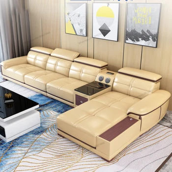 Модерен минималистичен кожен диван-горния слой, хол, ъглова комбинация, мебели, изработени от телешка кожа за трима души