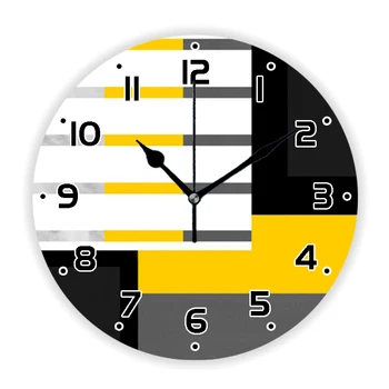 Модни Голям стенен часовник в жълто, сиво, черно-бяла ивица с геометричен дизайн за хол, модерен минималистичен декор за стенни часовници