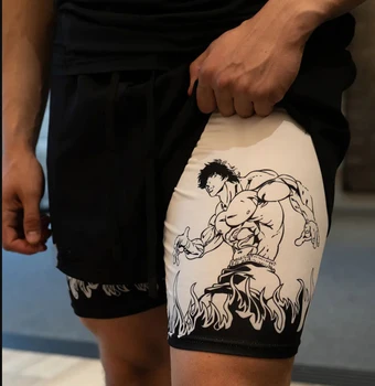 Мъжки къси панталони за фитнес модел аниме Ханма за Боклук, Черни двуслойни Шорти 2 в 1, бързо съхнещи Шорти за фитнес, бягане, спорт, лятото