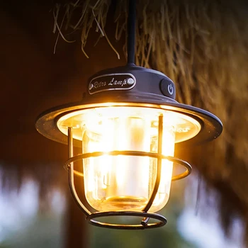 Преносима лампа за къмпинг фенер с плавно затъмняване, USB Зареждане, Ретро led окачен светлина, Палатка за къмпинг, Външно осветление