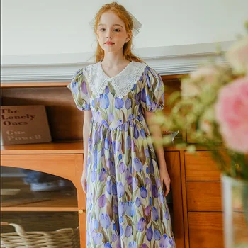 Принцеса рокля за момичета, Лятна Корея детски дрехи с флорални принтом и завързана яка, Детско премяна 8, 10, 12, 14 Години