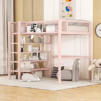 Розова метална таванско помещение легло двойно по размер с 4-ярусными рафтове и място за съхранение, лесно се монтира за вътрешната мебелировка за спални