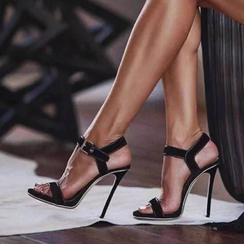 Секси 13см черни сандали жени, отворени пръсти супер тънки високи токчета помпи мода каишка на глезена обтегач партита нощен клуб обувки стриптизьорка 42