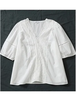 Уникална бродерия с V-образно деколте, Кавайная памучен бяла риза с пищни ръкави, отгоре тениска 2023, Лято Mori Момиче