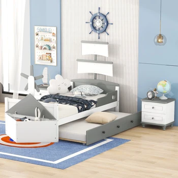 Уникални дизайнерски спални слушалки от 3 теми, легло-платформа във формата на лодка двойно по размер с ракла и две нощни шкафчета, лека и удобна