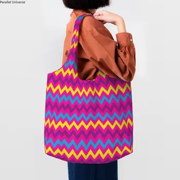 Цветна Холщовая пазарска чанта с Зигзагообразным Модел за дома, Моющаяся, голям капацитет, за продукти, Богемные модерни геометрични чанти за пазаруване, Чанта-тоут