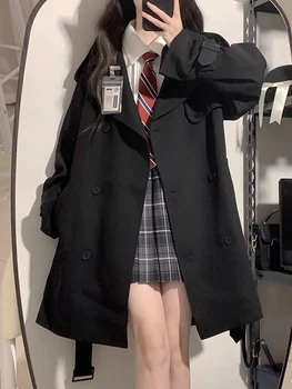 Черен тренч, дамски корейската мода, ежедневни ветровка в стил колеж, Дамски есен двубортная горна дреха с дълъг ръкав