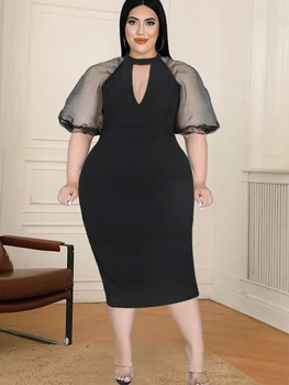 Черни рокли големи размери, Дамски Прозрачни рокли от Органза с пищни ръкави в стил Мозайка, Дебнещ Вечерни рокли Midi за коктейльной партита 2023